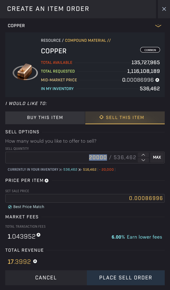 SAGE - Local Marketplace - Create An Item Order [Resource Market dialog]