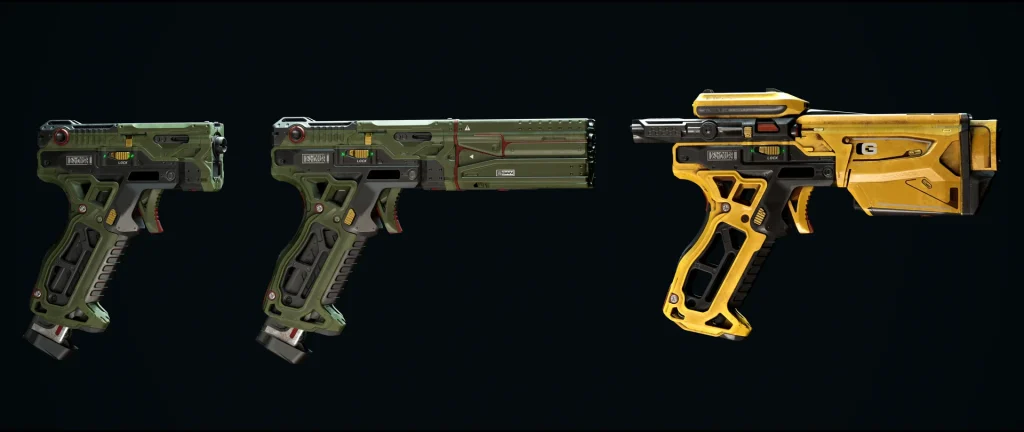 First Person Kinetic Pistol: Snub-nosed, standard, and energy-pistol modular variants. Energy-pistol variant modelled by Lloyd James [by Robin Karlsson]