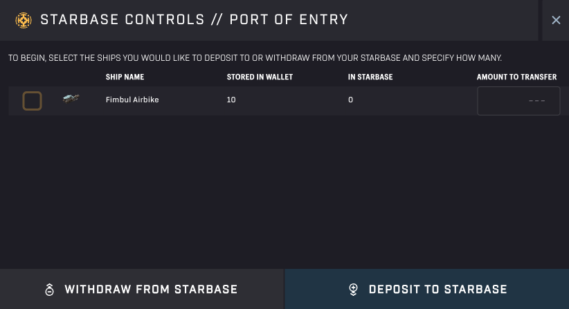 Starbased - Deposit or Withdraw Ships to/from the game