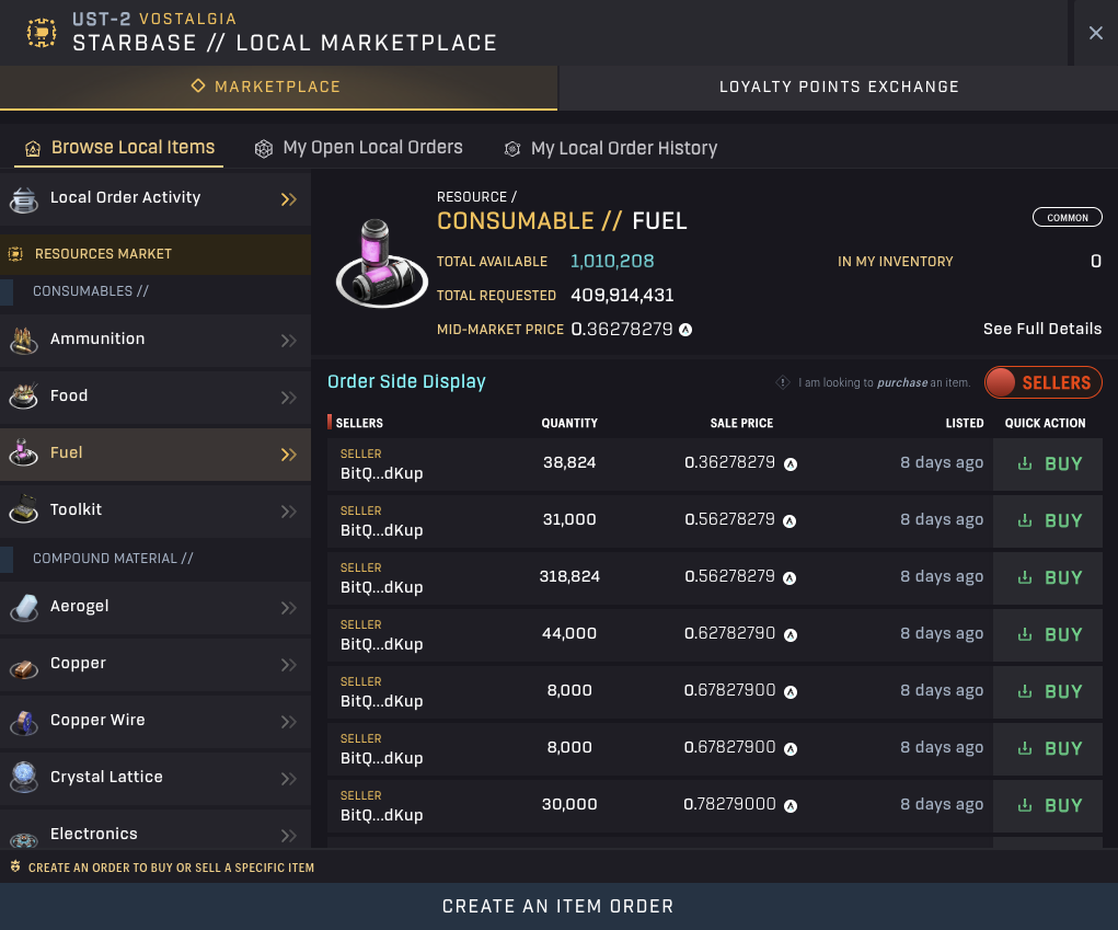SAGE - Local Marketplace - Fuel Market [Sell Orders]