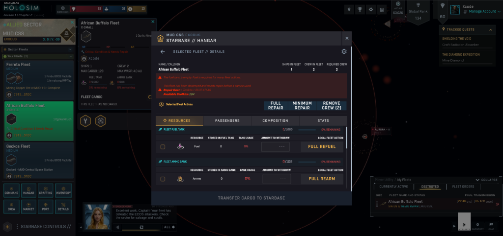 Star Atlas — Holosim S1C2 — Two new recovery options have been added to the hangar menu: Minimum Repair and Remove Crew